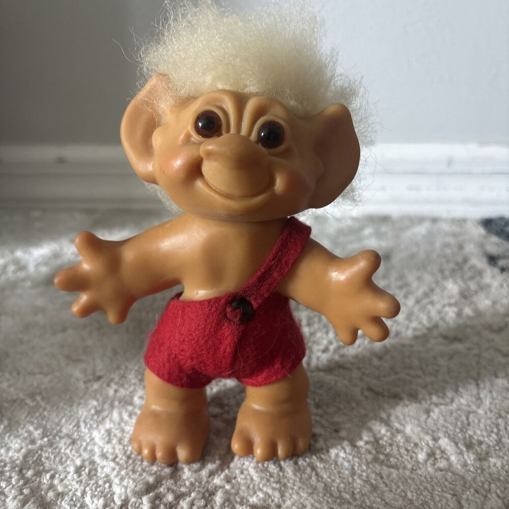 Vintage 1984 Dam Things Troll Doll 10 Inch Red Outfit White Fluffy Hair Roy